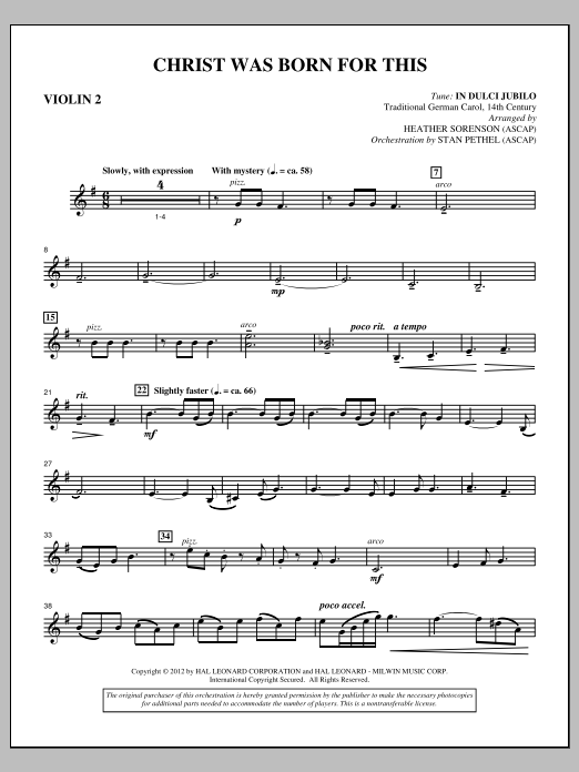 Download Heather Sorenson Christ Was Born For This - Violin 2 Sheet Music and learn how to play Choir Instrumental Pak PDF digital score in minutes