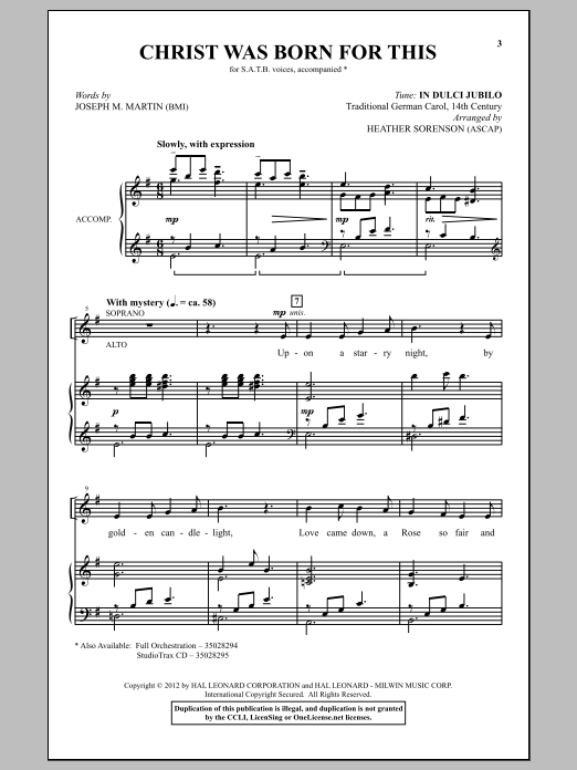 Download Heather Sorenson Christ Was Born For This Sheet Music and learn how to play SATB PDF digital score in minutes