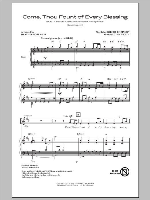 Download John Wyeth Come, Thou Fount Of Every Blessing (arr. Heather Sorenson) Sheet Music and learn how to play SATB PDF digital score in minutes