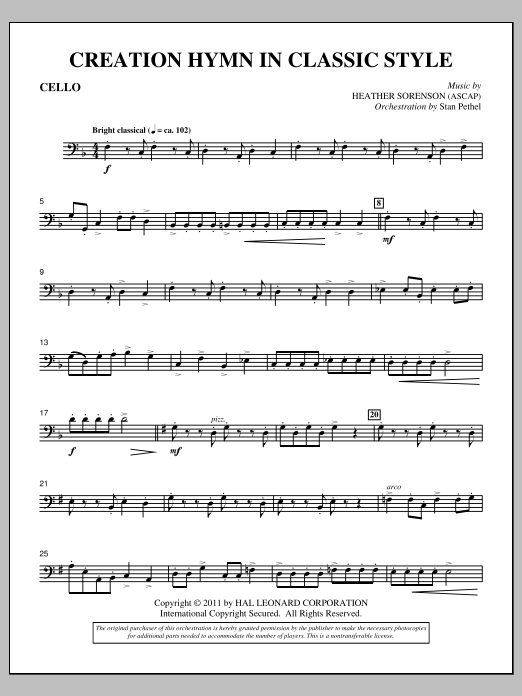 Download Heather Sorenson Creation Hymn In Classic Style - Cello Sheet Music and learn how to play Choir Instrumental Pak PDF digital score in minutes