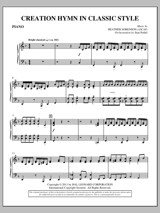 Download Heather Sorenson Creation Hymn In Classic Style - Piano Sheet Music and learn how to play Choir Instrumental Pak PDF digital score in minutes
