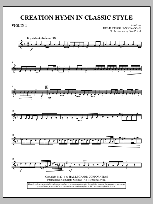 Download Heather Sorenson Creation Hymn In Classic Style - Violin 1 Sheet Music and learn how to play Choir Instrumental Pak PDF digital score in minutes