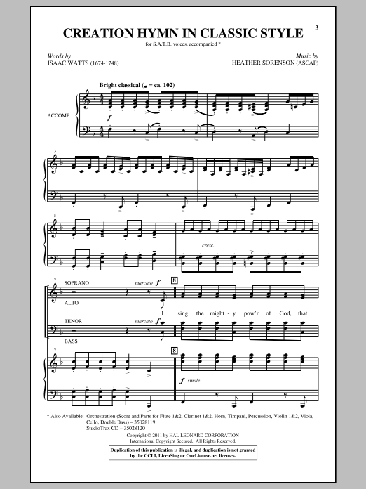 Download Heather Sorenson Creation Hymn In Classic Style Sheet Music and learn how to play SATB PDF digital score in minutes