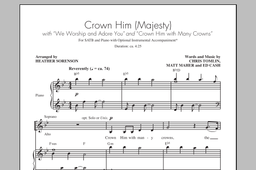 Download Chris Tomlin Crown Him With Many Crowns (arr. Heather Sorenson) Sheet Music and learn how to play SATB PDF digital score in minutes