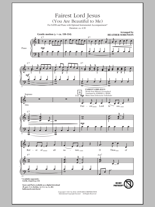 Download Heather Sorenson Fairest Lord Jesus Sheet Music and learn how to play SATB PDF digital score in minutes