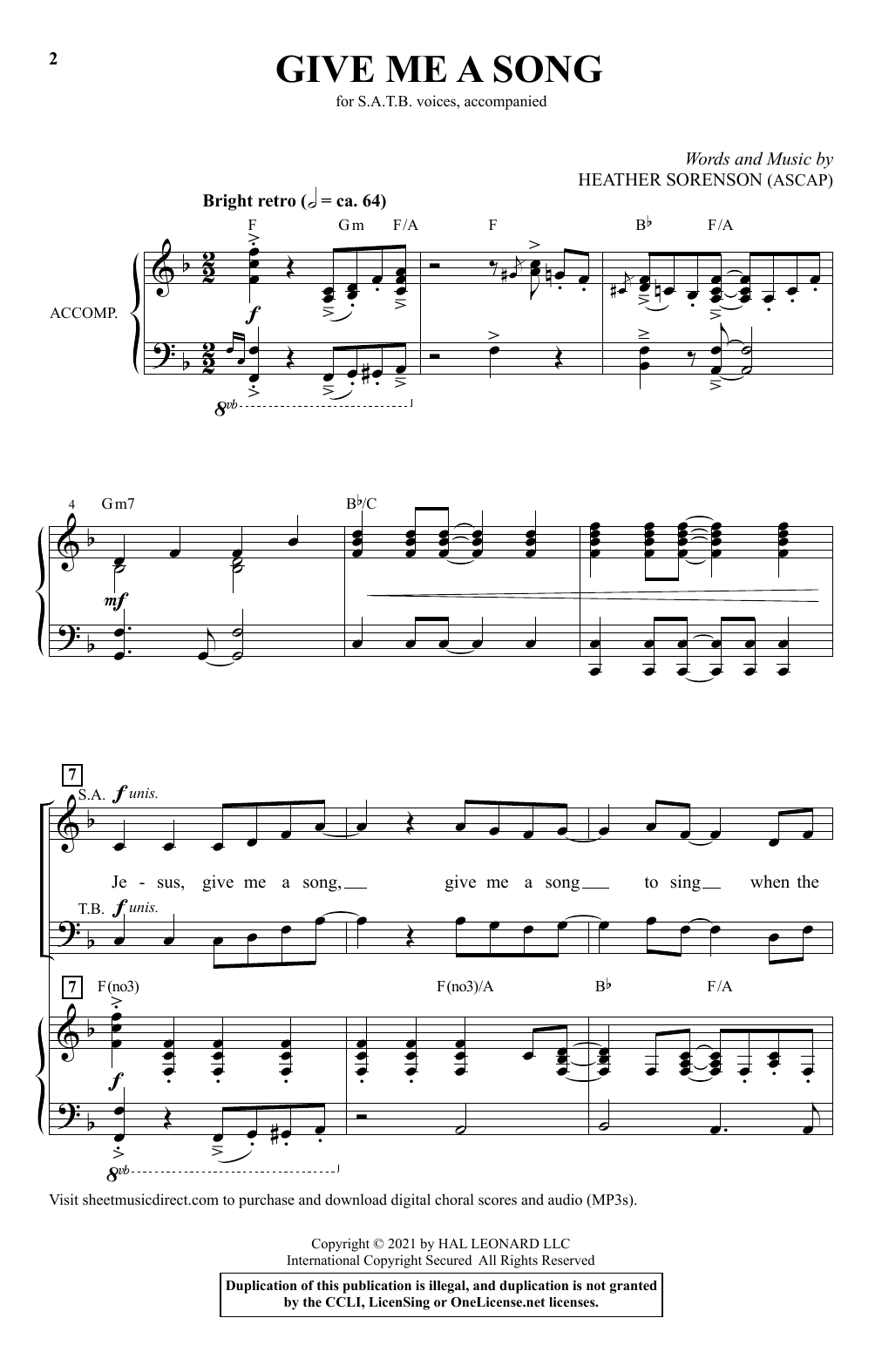 Download Heather Sorenson Give Me A Song Sheet Music and learn how to play SATB Choir PDF digital score in minutes