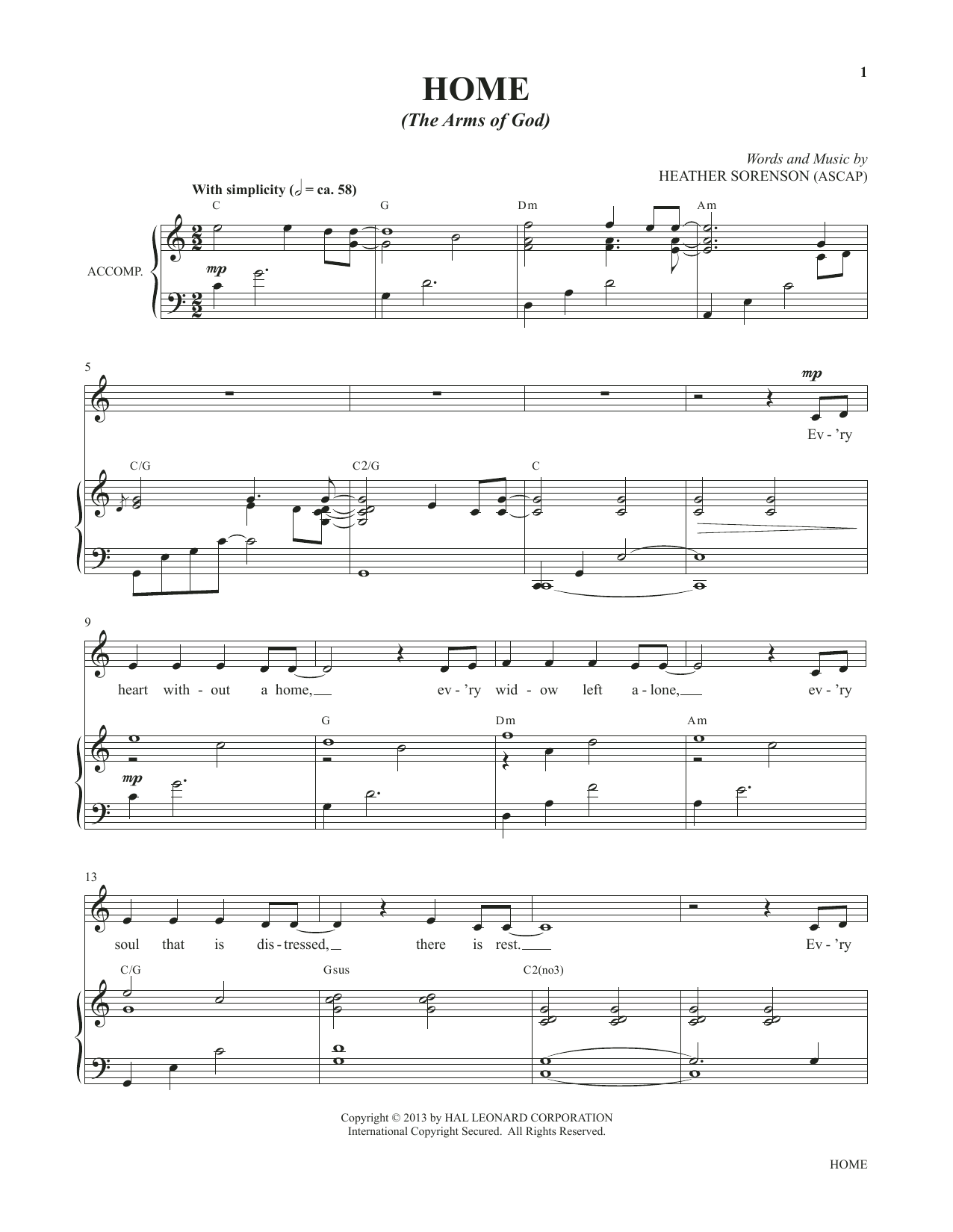 Download Heather Sorenson Home (The Arms Of God) (from My Alleluia: Vocal Solos for Worship) Sheet Music and learn how to play Piano & Vocal PDF digital score in minutes