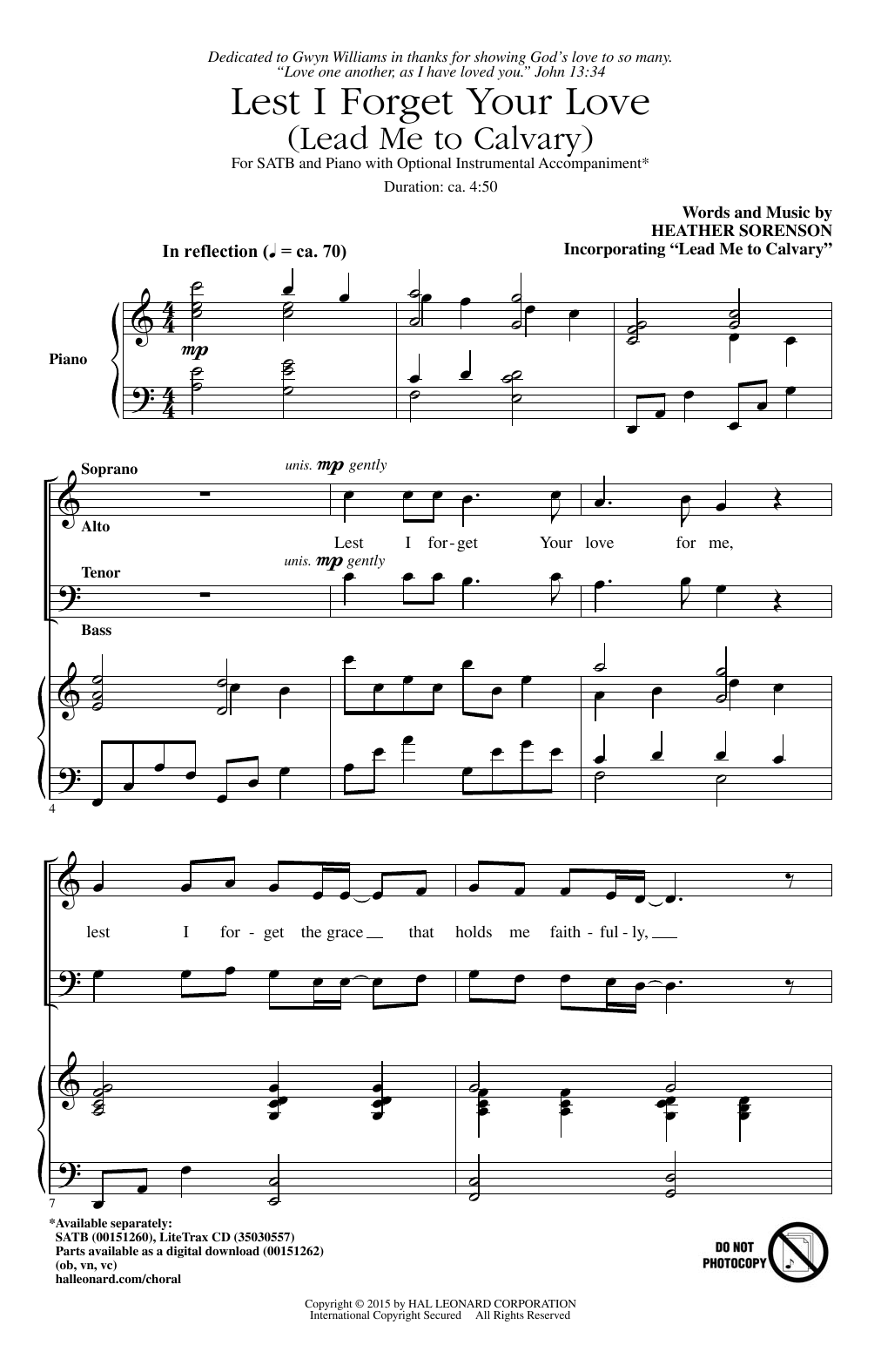 Download Heather Sorenson Lest I Forget Your Love (Lead Me To Calvary) Sheet Music and learn how to play SATB PDF digital score in minutes