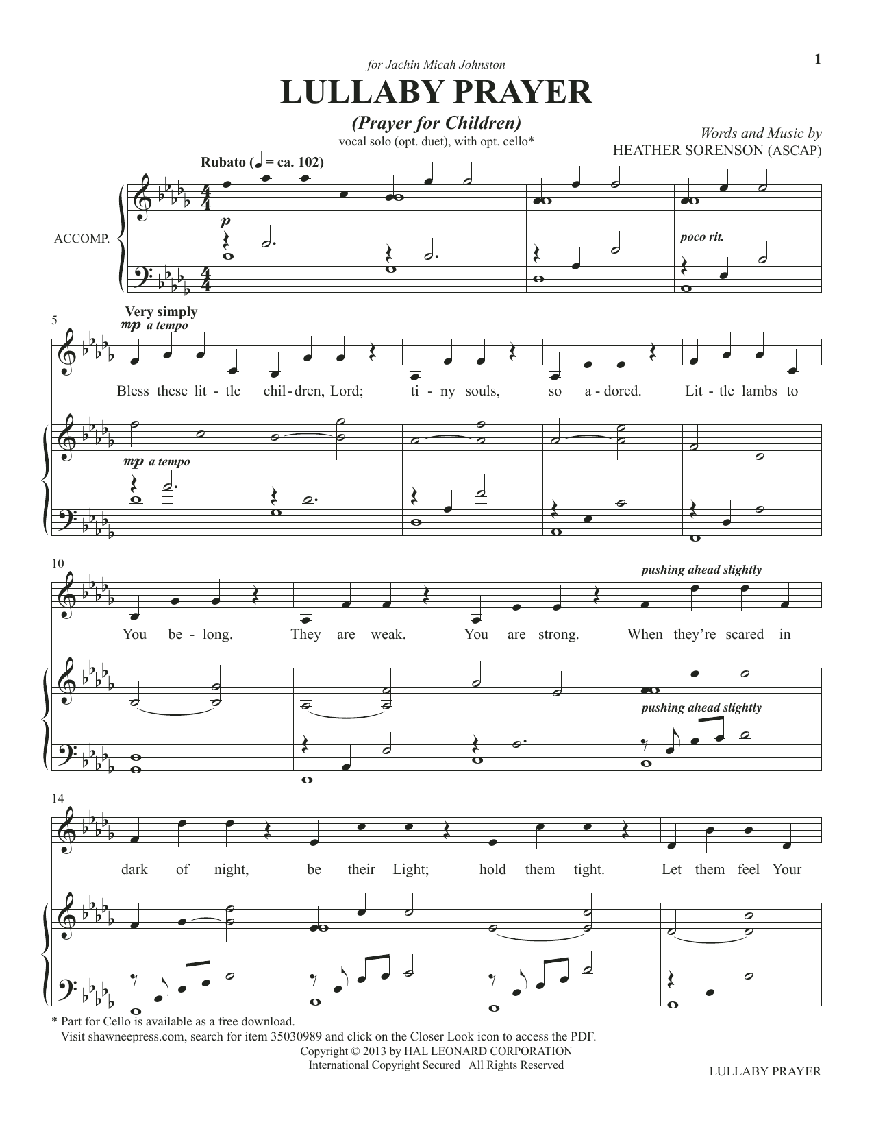 Download Heather Sorenson Lullaby Prayer (A Prayer For Children) (from The Prayer Project) Sheet Music and learn how to play Piano & Vocal PDF digital score in minutes