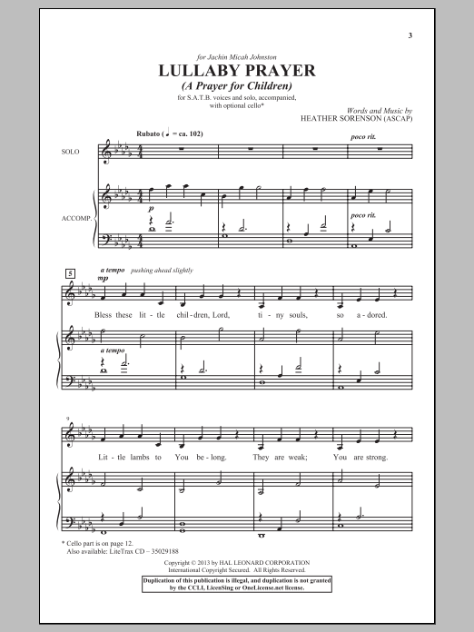 Download Heather Sorenson Lullaby Prayer (A Prayer For Children) Sheet Music and learn how to play Choral PDF digital score in minutes