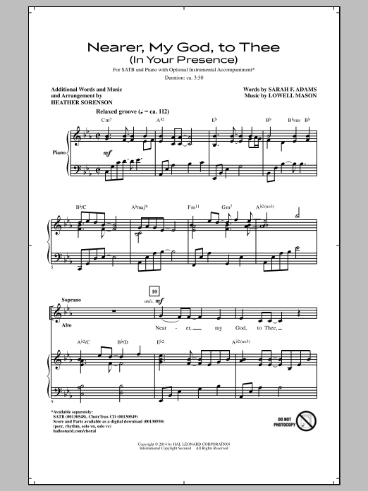 Download Lowell Mason Nearer, My God, To Thee (In His Presence) (arr. Heather Sorenson) Sheet Music and learn how to play SATB PDF digital score in minutes