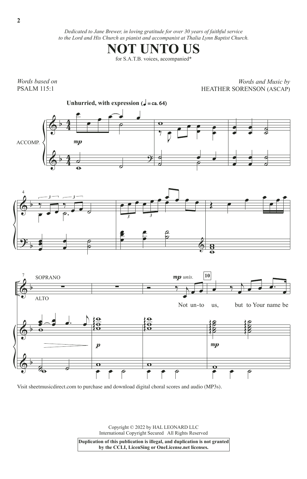 Download Heather Sorenson Not Unto Us Sheet Music and learn how to play SATB Choir PDF digital score in minutes