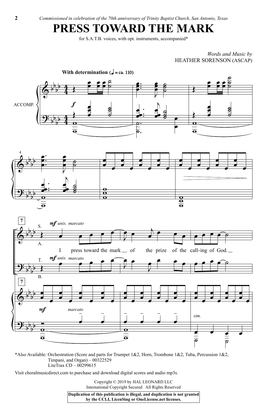 Download Heather Sorenson Press Toward The Mark Sheet Music and learn how to play SATB Choir PDF digital score in minutes