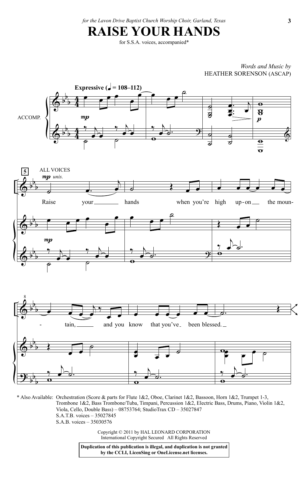 Download Heather Sorenson Raise Your Hands Sheet Music and learn how to play SSA PDF digital score in minutes