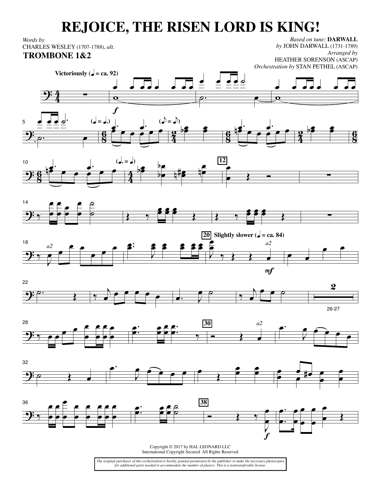 Download Heather Sorenson Rejoice, the Risen Lord Is King! - Trombone 1 & 2 Sheet Music and learn how to play Choir Instrumental Pak PDF digital score in minutes