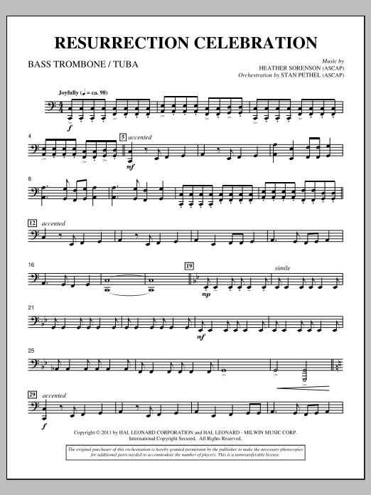 Download Heather Sorenson Resurrection Celebration - Bass Trombone/Tuba Sheet Music and learn how to play Choir Instrumental Pak PDF digital score in minutes