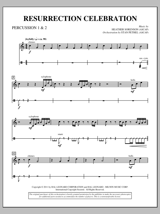Download Heather Sorenson Resurrection Celebration - Percussion 1 & 2 Sheet Music and learn how to play Choir Instrumental Pak PDF digital score in minutes