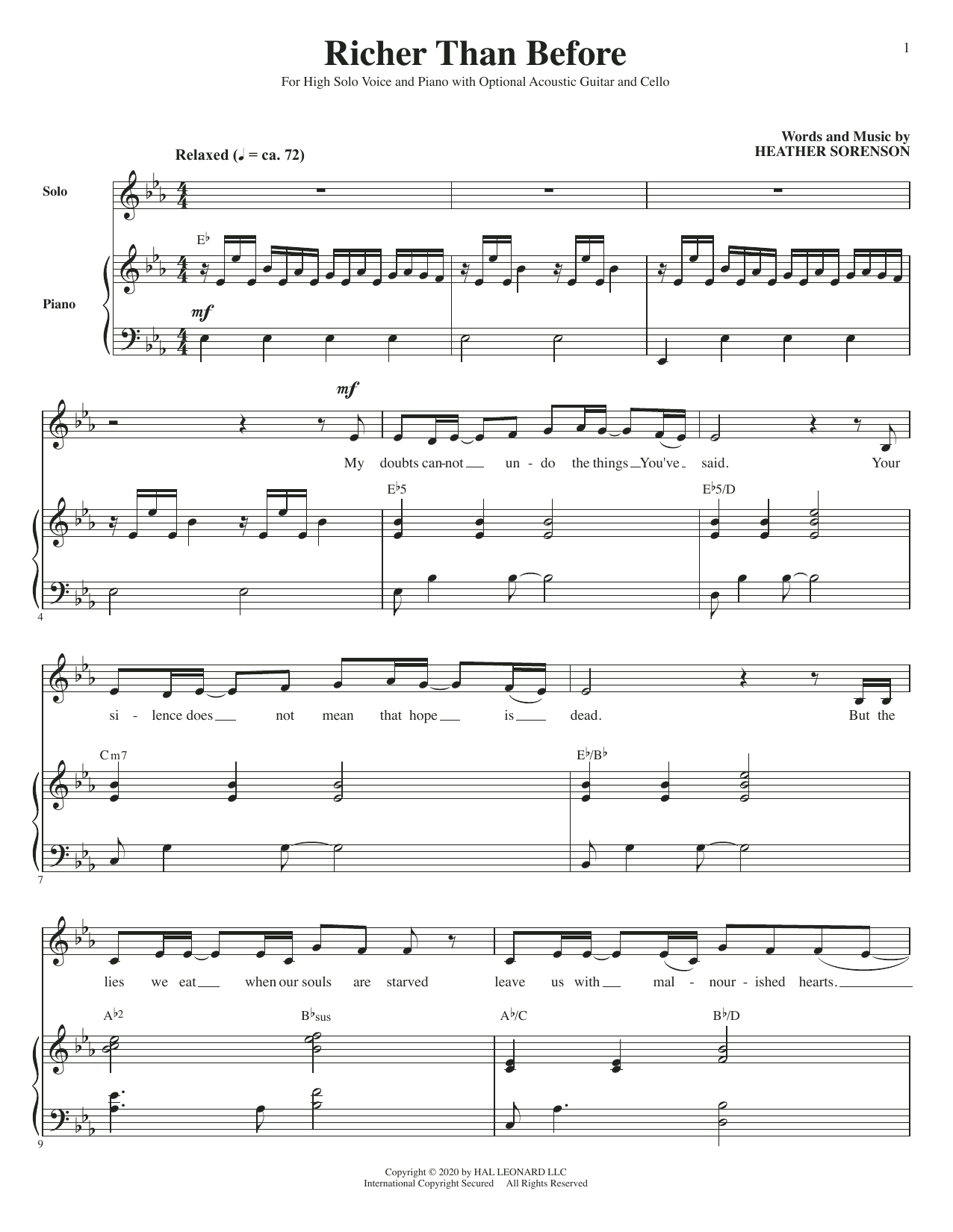 Download Heather Sorenson Richer Than Before (for High Voice, Acoustic Guitar and Cello) Sheet Music and learn how to play Piano & Vocal PDF digital score in minutes