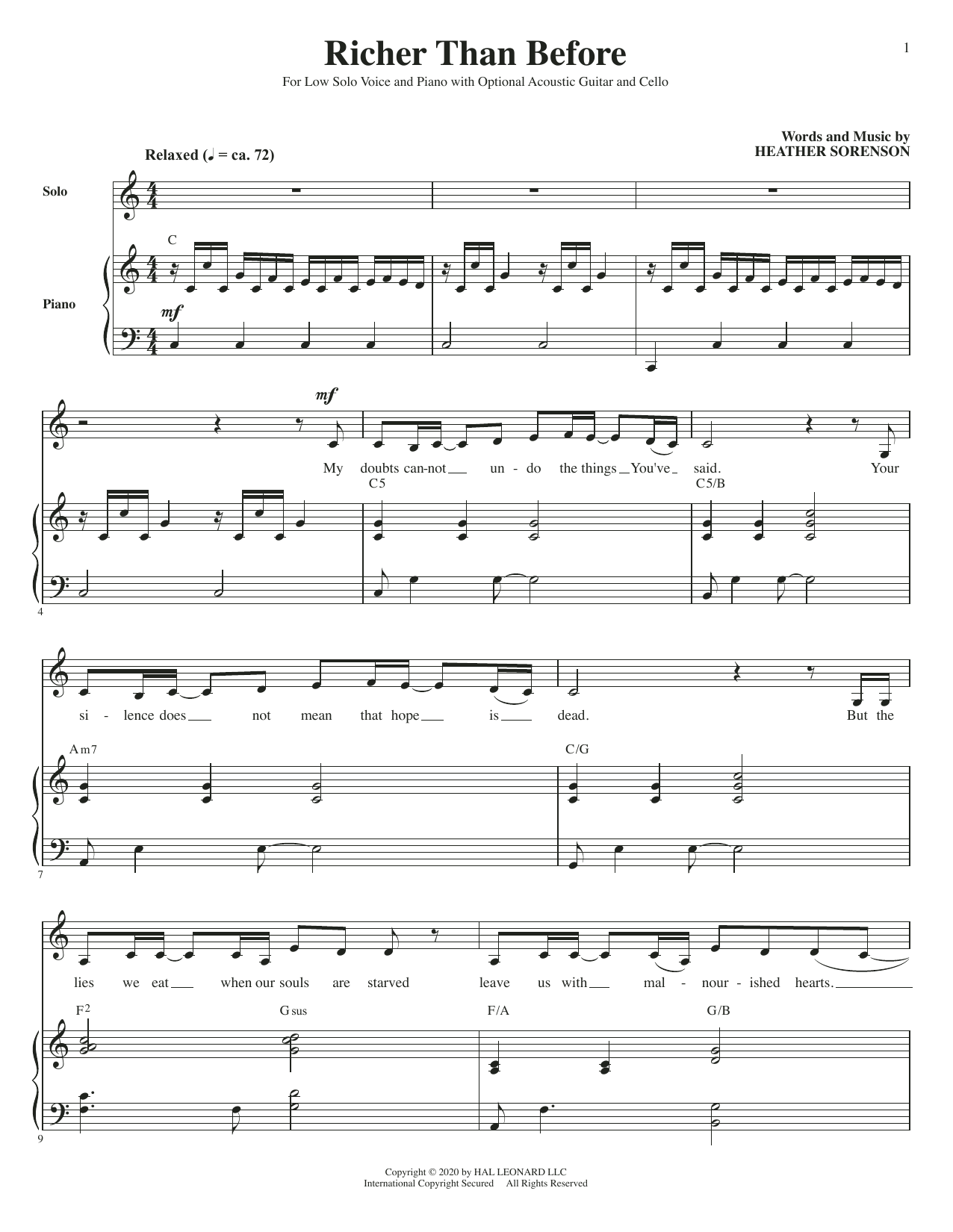 Download Heather Sorenson Richer Than Before (for Low Voice, Acoustic Guitar and Cello) Sheet Music and learn how to play Piano & Vocal PDF digital score in minutes