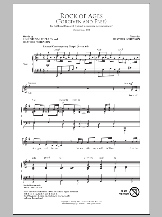 Download Heather Sorenson Rock Of Ages (Forgiven And Free) Sheet Music and learn how to play SATB PDF digital score in minutes