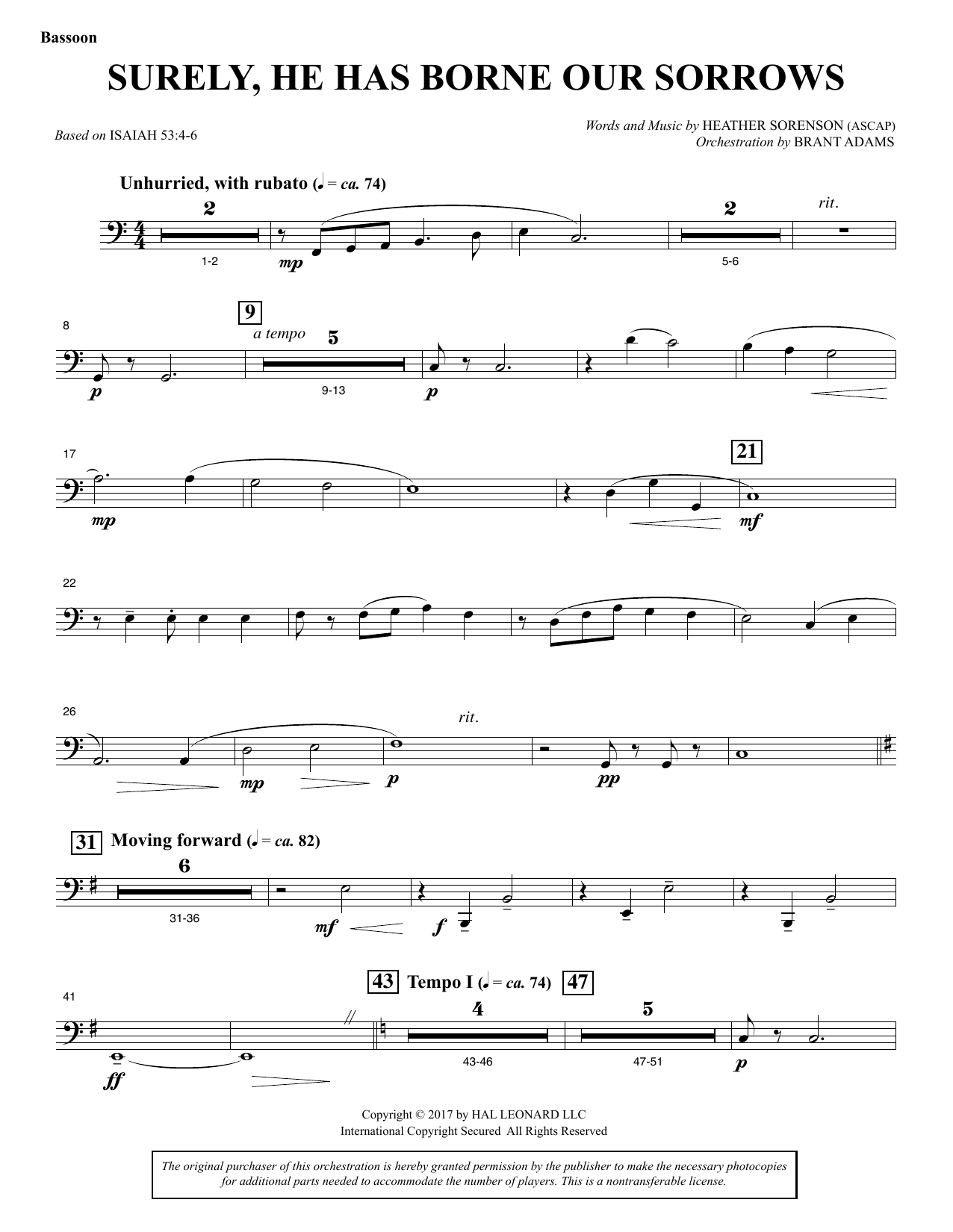 Download Heather Sorenson Surely, He Has Borne Our Sorrows - Bassoon Sheet Music and learn how to play Choir Instrumental Pak PDF digital score in minutes