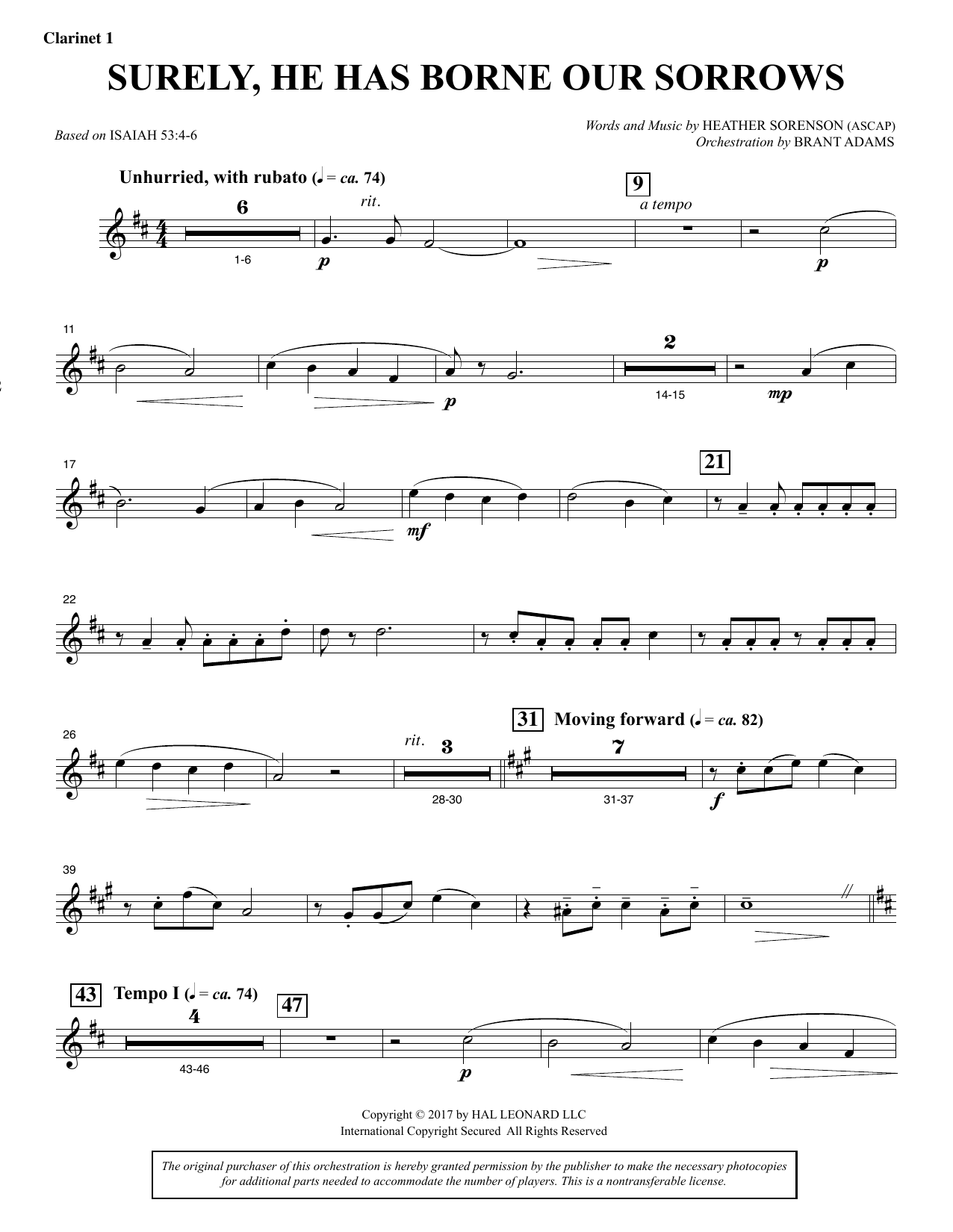 Download Heather Sorenson Surely, He Has Borne Our Sorrows - Bb Clarinet 1 Sheet Music and learn how to play Choir Instrumental Pak PDF digital score in minutes