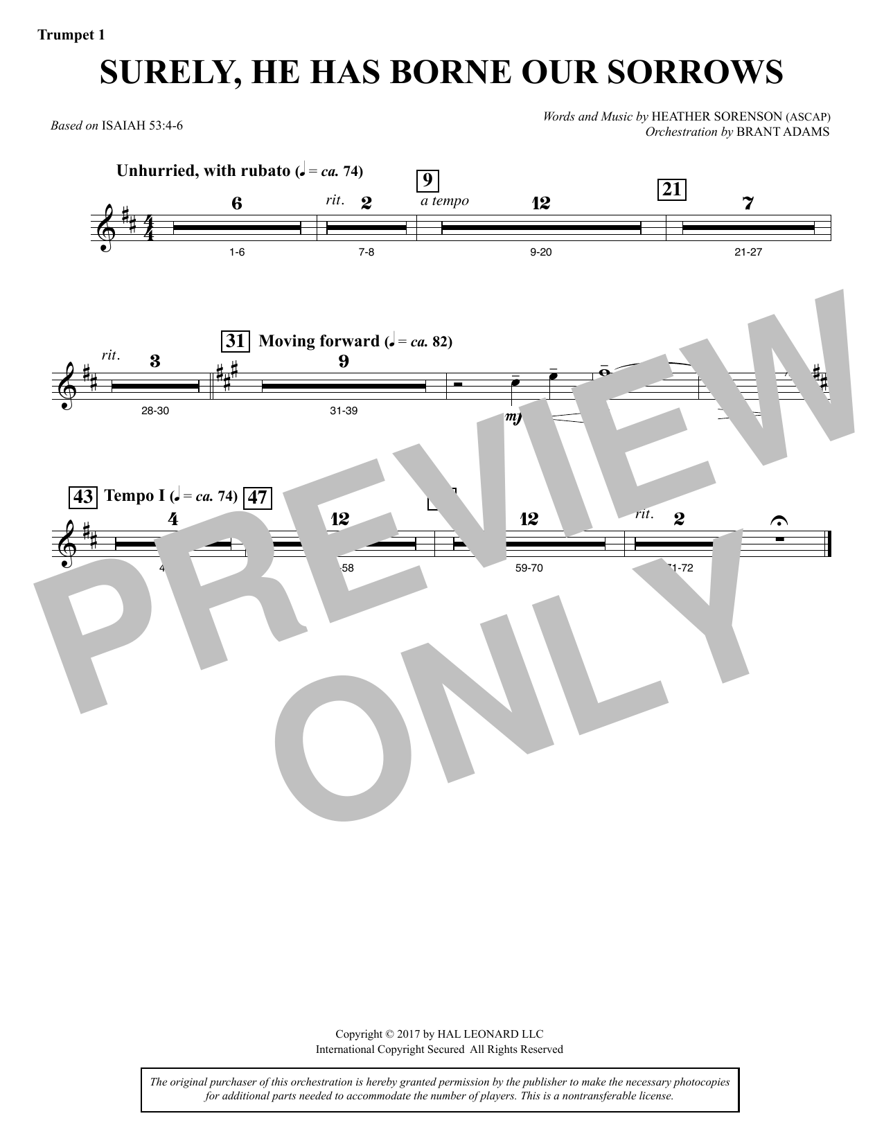 Download Heather Sorenson Surely, He Has Borne Our Sorrows - Bb Trumpet 1 Sheet Music and learn how to play Choir Instrumental Pak PDF digital score in minutes