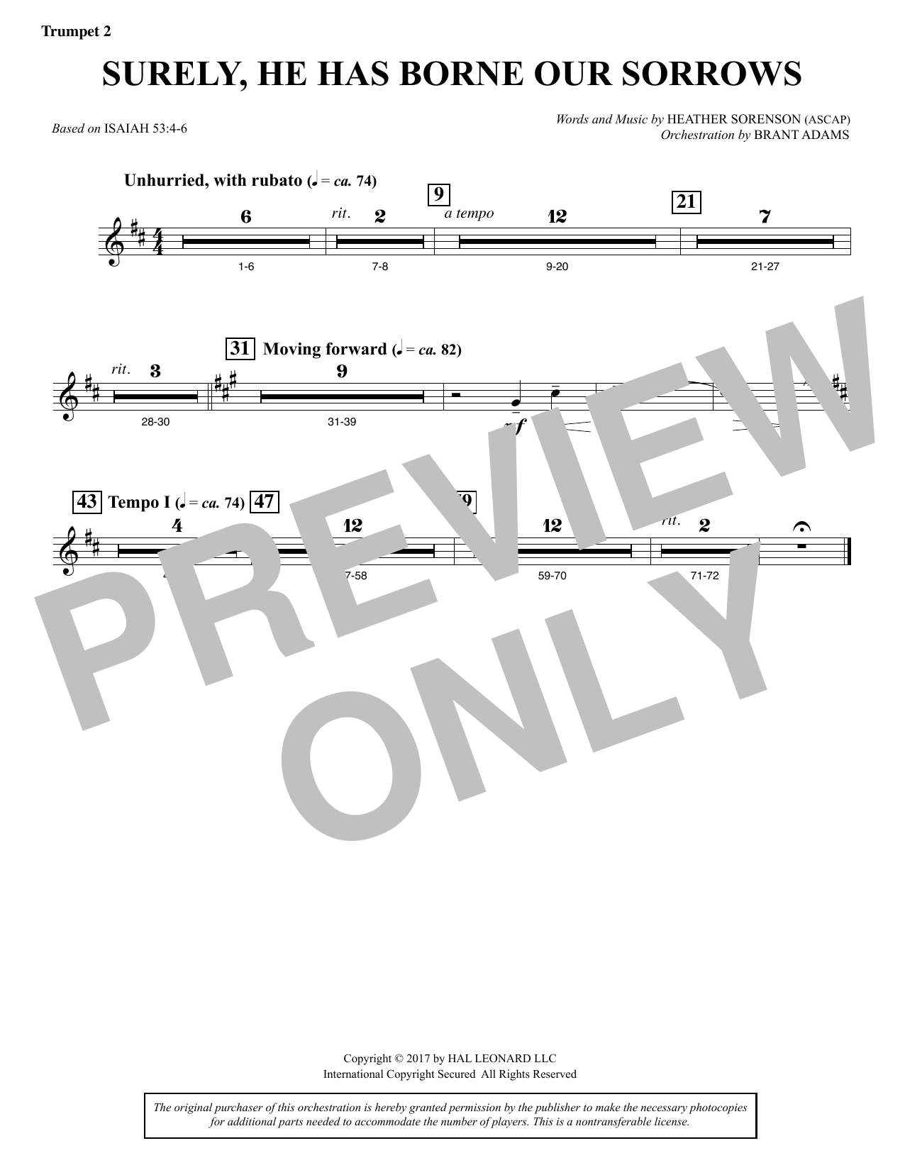 Download Heather Sorenson Surely, He Has Borne Our Sorrows - Bb Trumpet 2 Sheet Music and learn how to play Choir Instrumental Pak PDF digital score in minutes