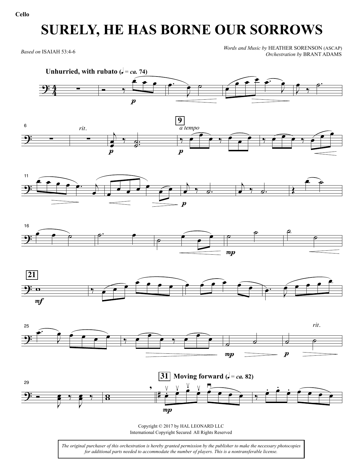 Download Heather Sorenson Surely, He Has Borne Our Sorrows - Cello Sheet Music and learn how to play Choir Instrumental Pak PDF digital score in minutes