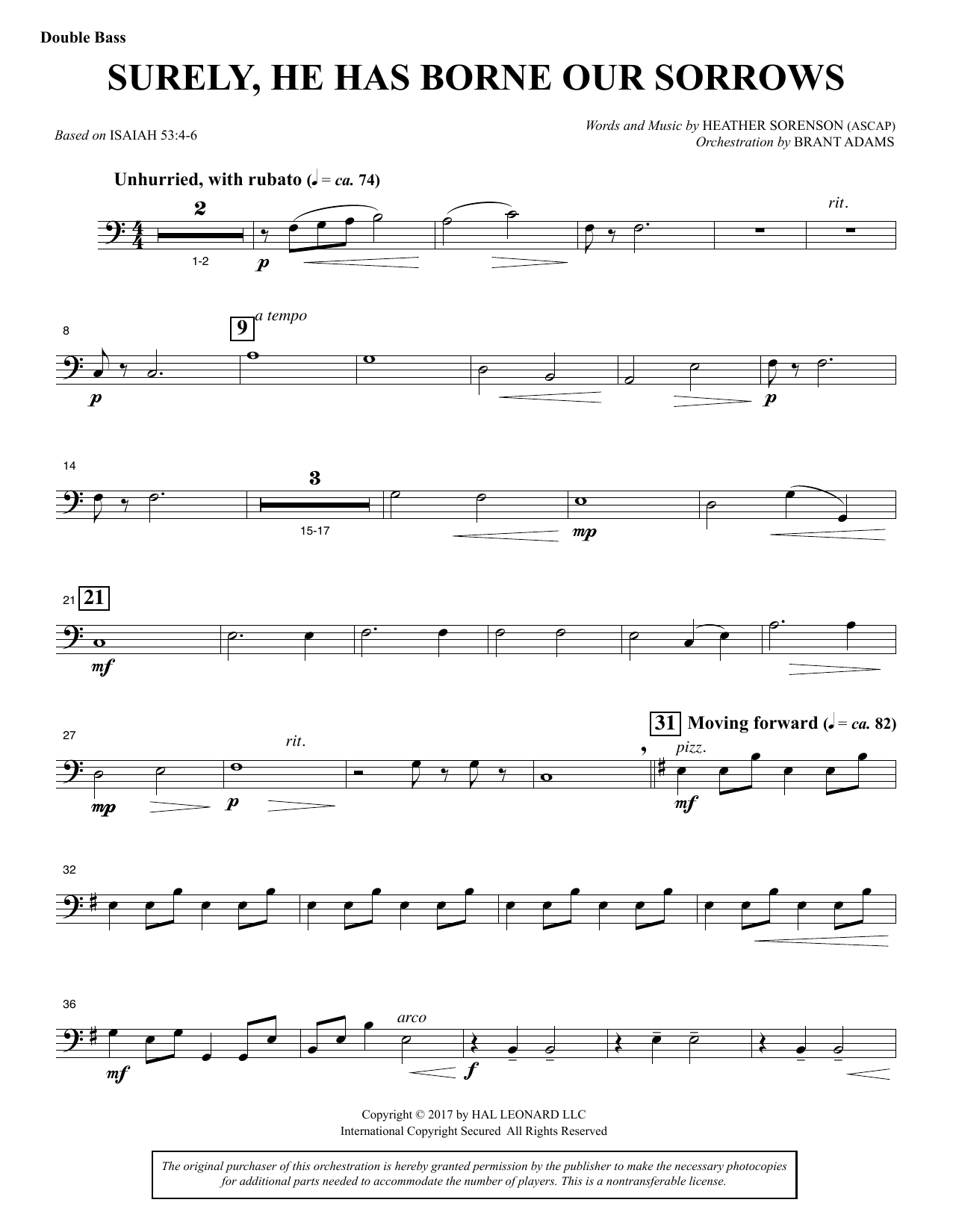 Download Heather Sorenson Surely, He Has Borne Our Sorrows - Double Bass Sheet Music and learn how to play Choir Instrumental Pak PDF digital score in minutes