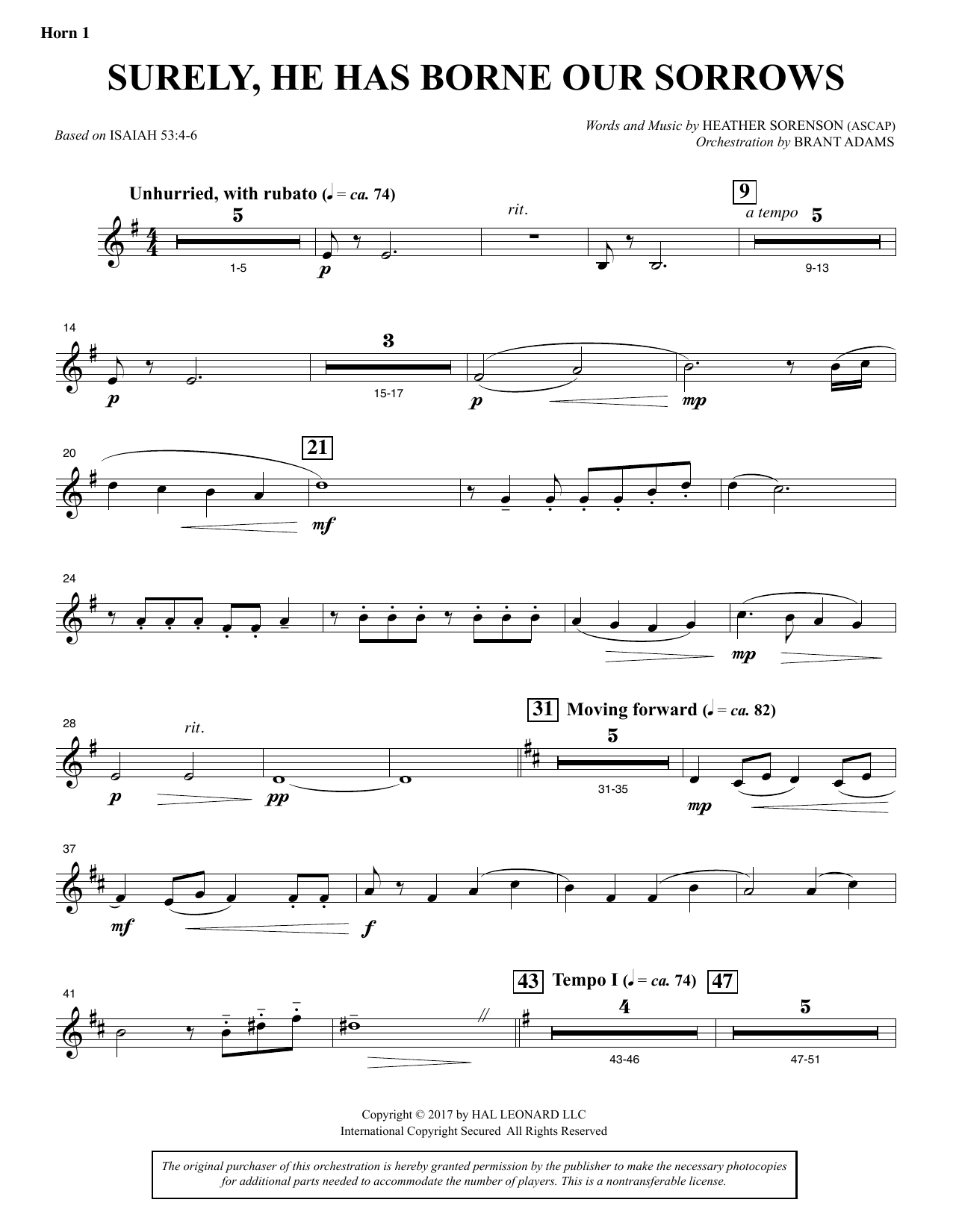Download Heather Sorenson Surely, He Has Borne Our Sorrows - F Horn 1 Sheet Music and learn how to play Choir Instrumental Pak PDF digital score in minutes