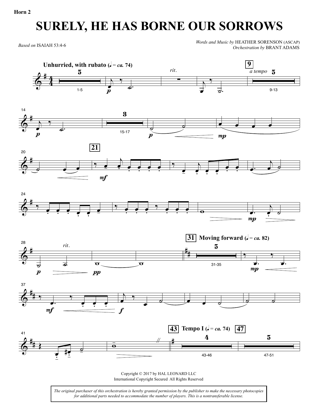 Download Heather Sorenson Surely, He Has Borne Our Sorrows - F Horn 2 Sheet Music and learn how to play Choir Instrumental Pak PDF digital score in minutes