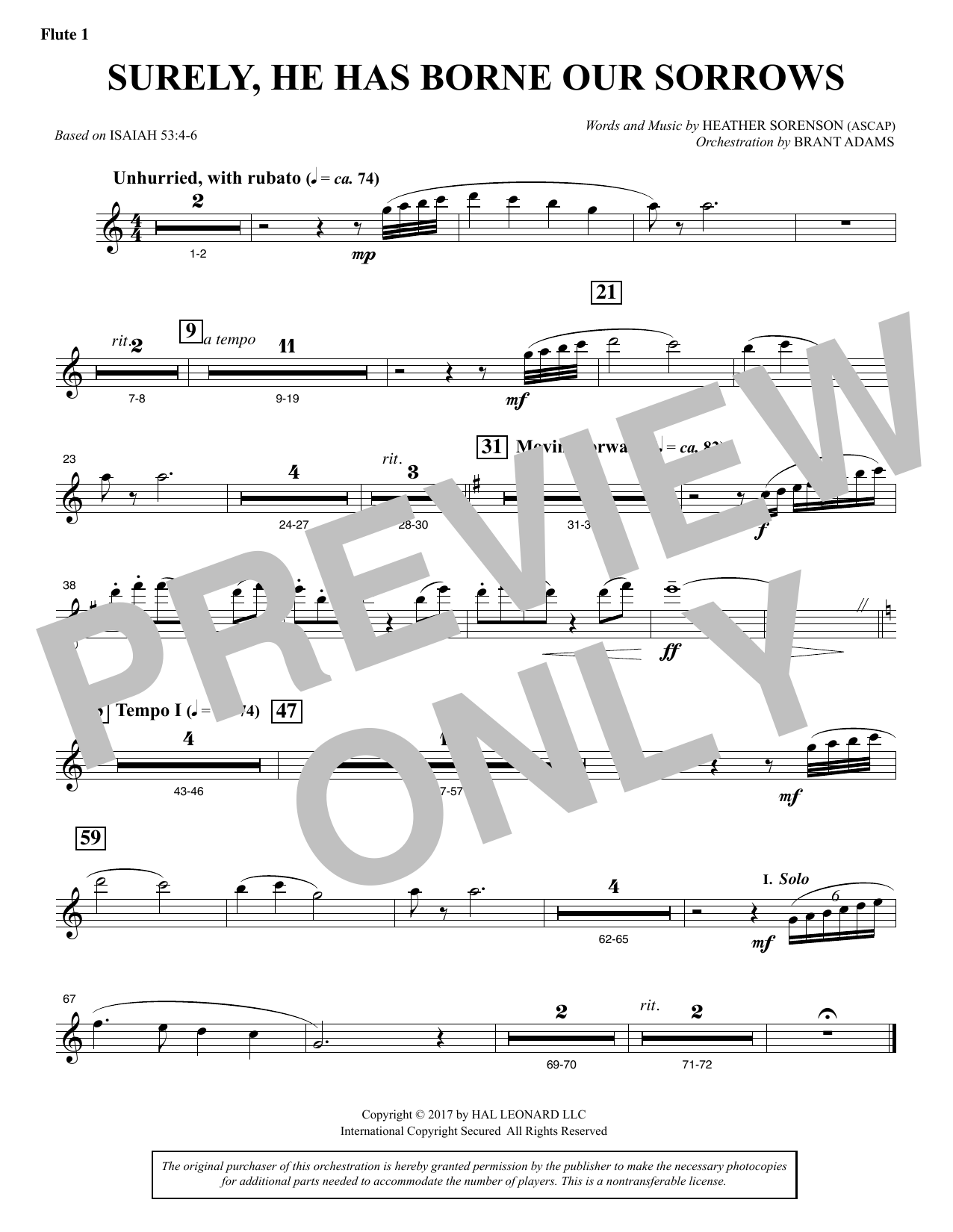 Download Heather Sorenson Surely, He Has Borne Our Sorrows - Flute 1 Sheet Music and learn how to play Choir Instrumental Pak PDF digital score in minutes