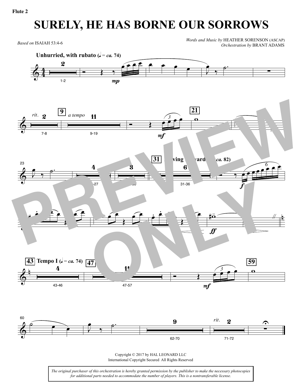 Download Heather Sorenson Surely, He Has Borne Our Sorrows - Flute 2 Sheet Music and learn how to play Choir Instrumental Pak PDF digital score in minutes