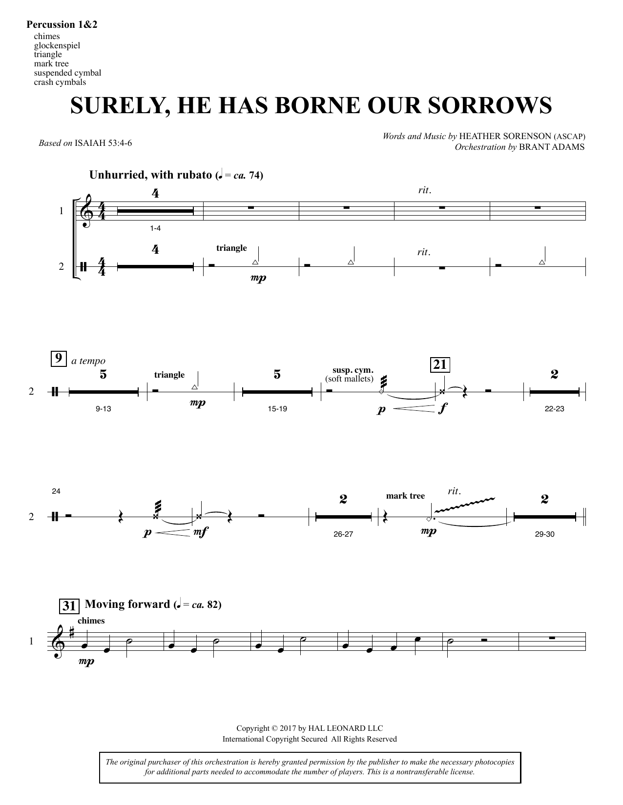 Download Heather Sorenson Surely, He Has Borne Our Sorrows - Percussion 1 & 2 Sheet Music and learn how to play Choir Instrumental Pak PDF digital score in minutes