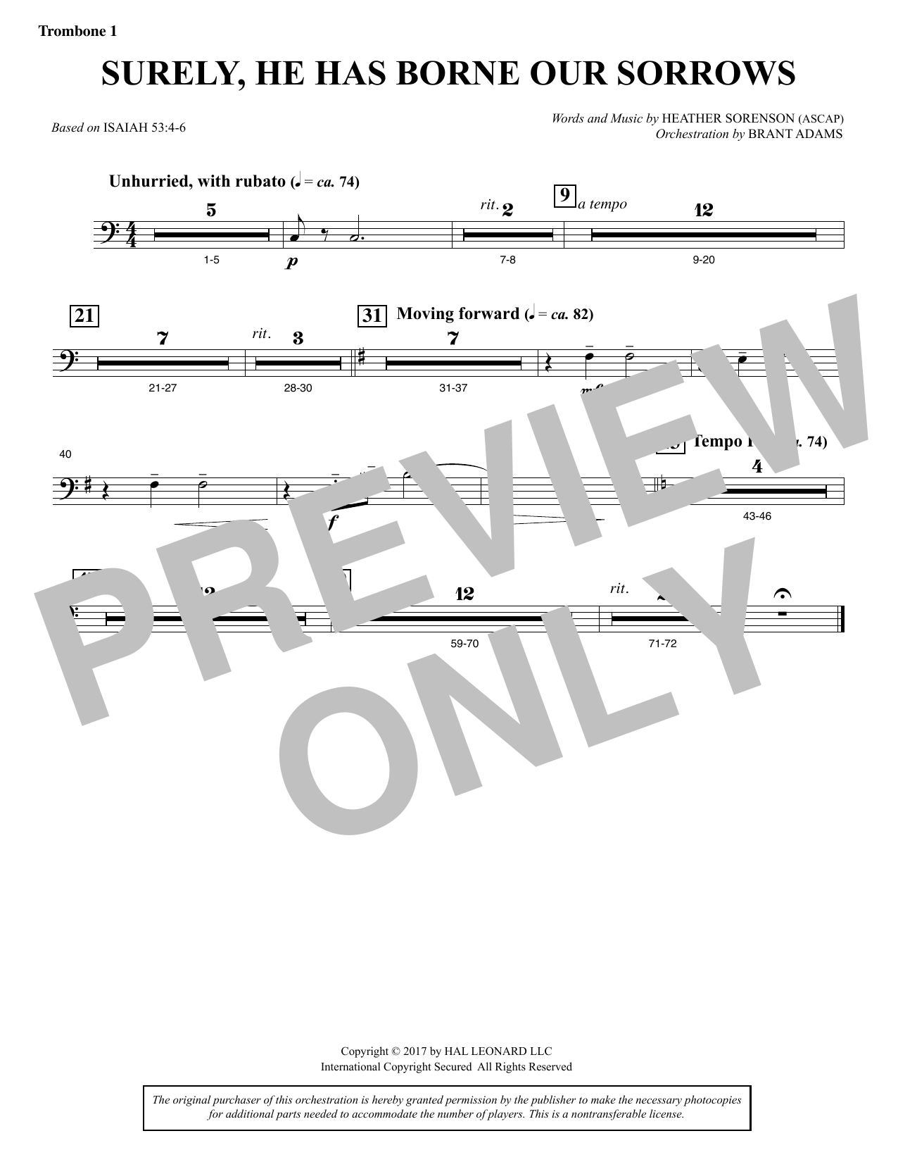 Download Heather Sorenson Surely, He Has Borne Our Sorrows - Trombone 1 Sheet Music and learn how to play Choir Instrumental Pak PDF digital score in minutes