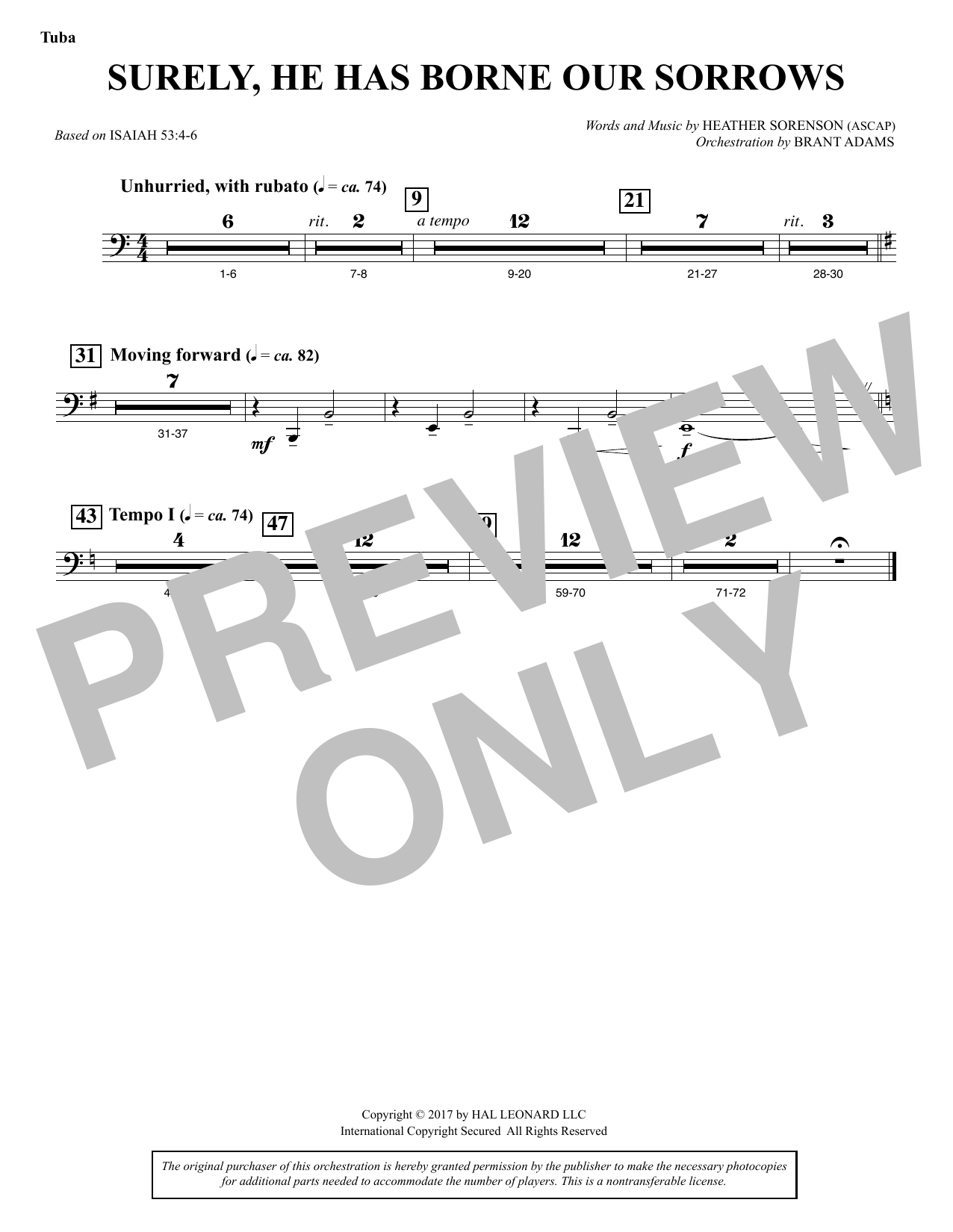 Download Heather Sorenson Surely, He Has Borne Our Sorrows - Tuba Sheet Music and learn how to play Choir Instrumental Pak PDF digital score in minutes