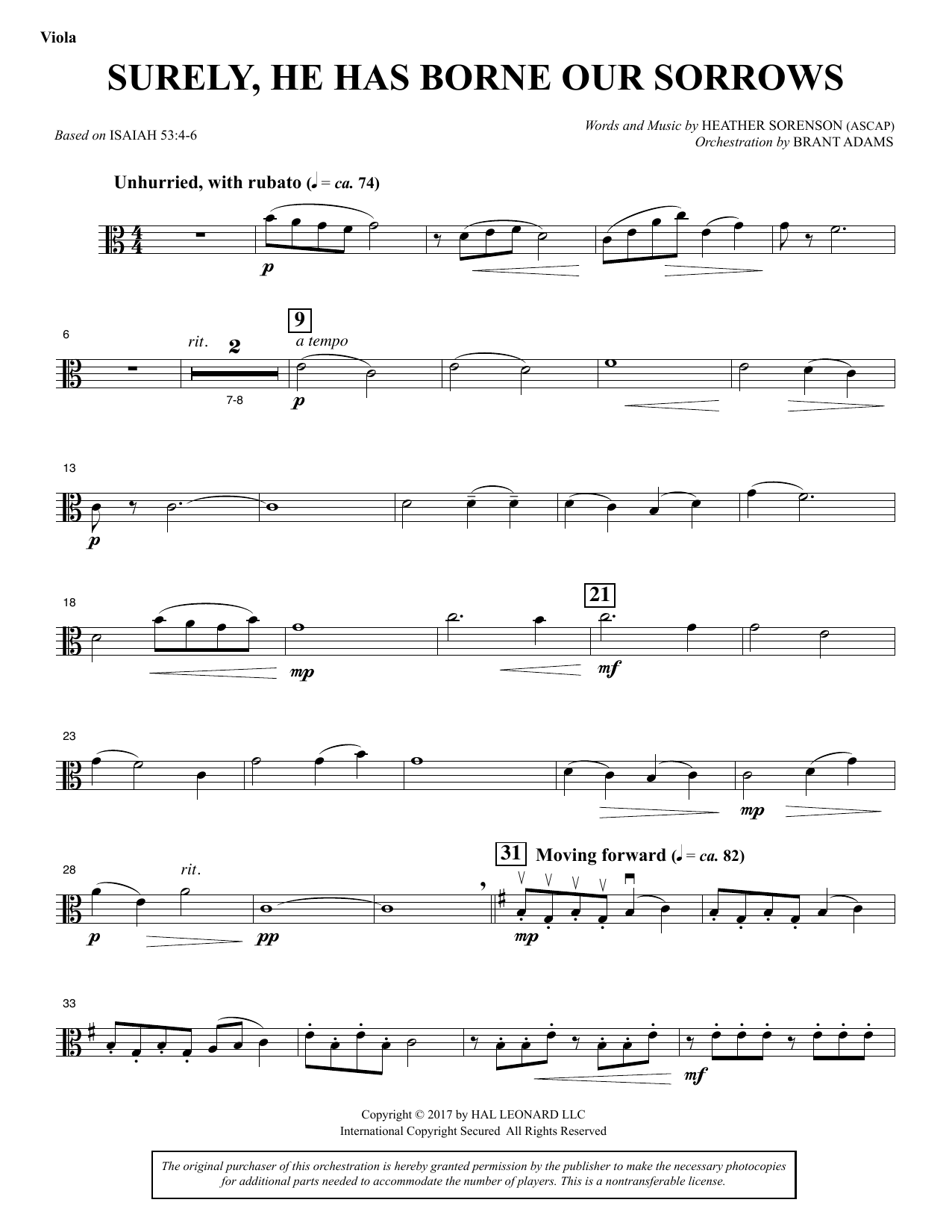 Download Heather Sorenson Surely, He Has Borne Our Sorrows - Viola Sheet Music and learn how to play Choir Instrumental Pak PDF digital score in minutes