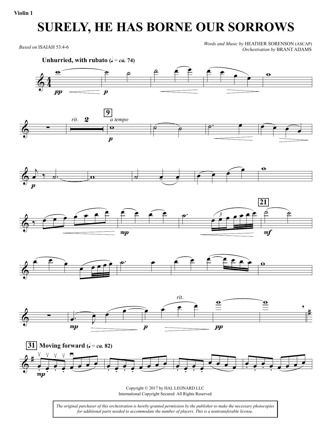 Download Heather Sorenson Surely, He Has Borne Our Sorrows - Violin 1 Sheet Music and learn how to play Choir Instrumental Pak PDF digital score in minutes