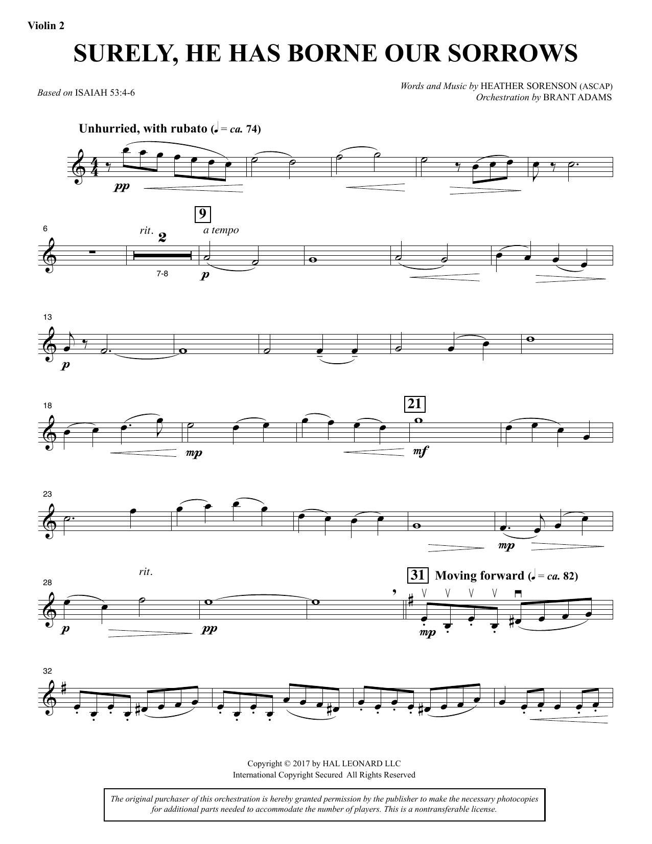 Download Heather Sorenson Surely, He Has Borne Our Sorrows - Violin 2 Sheet Music and learn how to play Choir Instrumental Pak PDF digital score in minutes