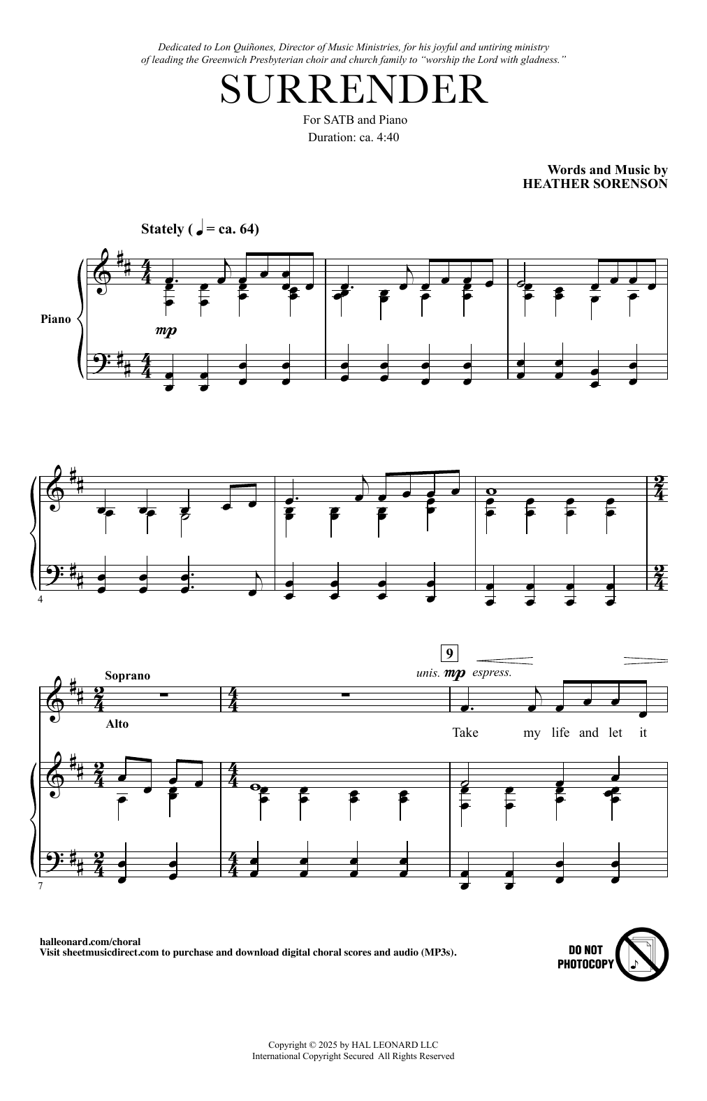 Download Heather Sorenson Surrender Sheet Music and learn how to play SATB Choir PDF digital score in minutes