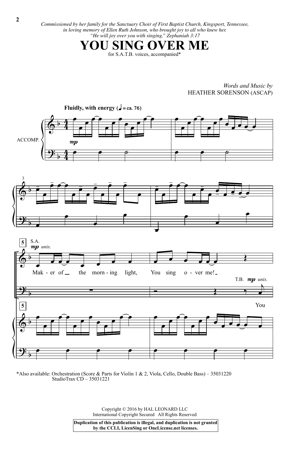 Download Heather Sorenson You Sing Over Me Sheet Music and learn how to play SATB PDF digital score in minutes