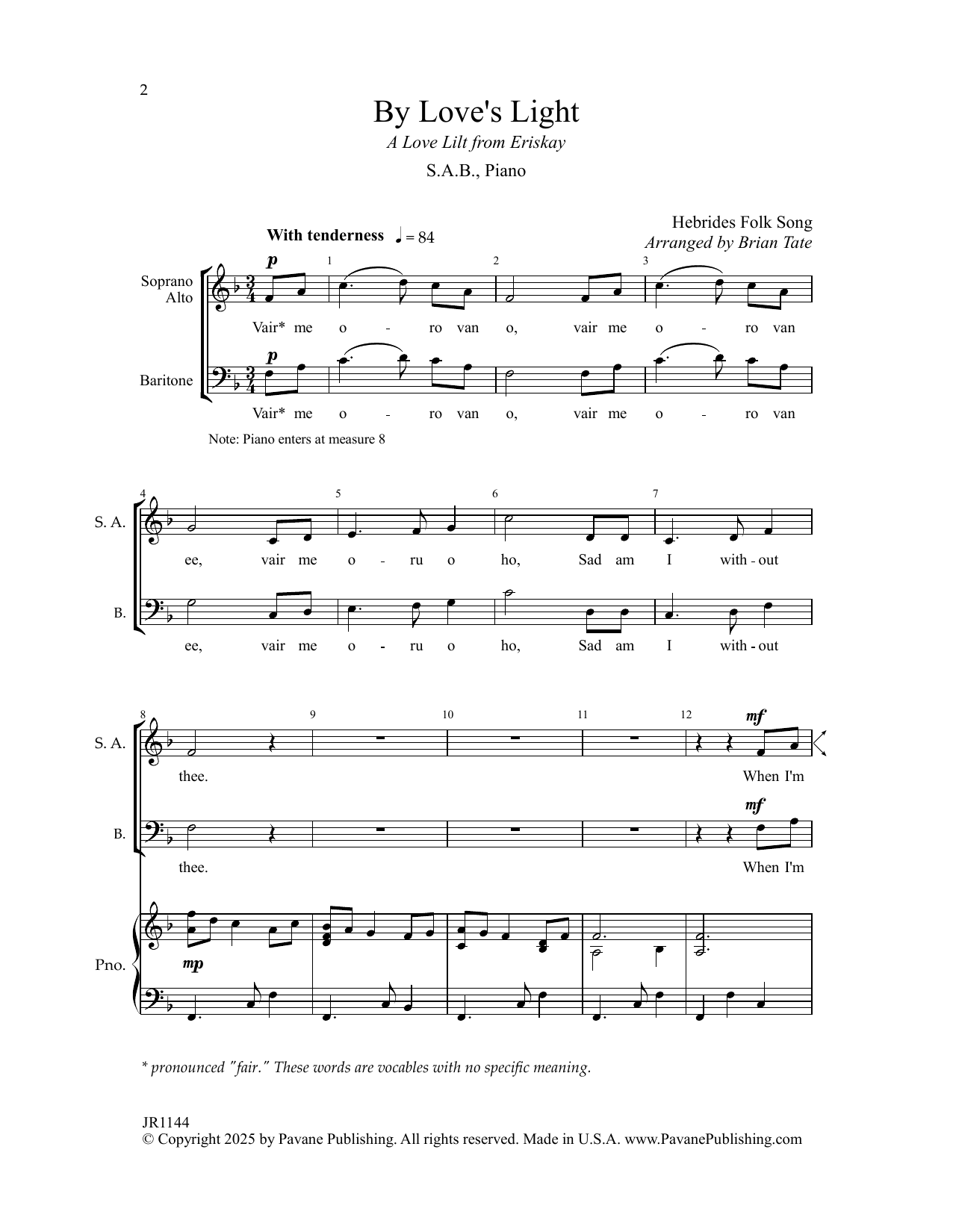 Download Hebrides Folk Song By Love's Light (arr. Brian Tate) Sheet Music and learn how to play SAB Choir PDF digital score in minutes