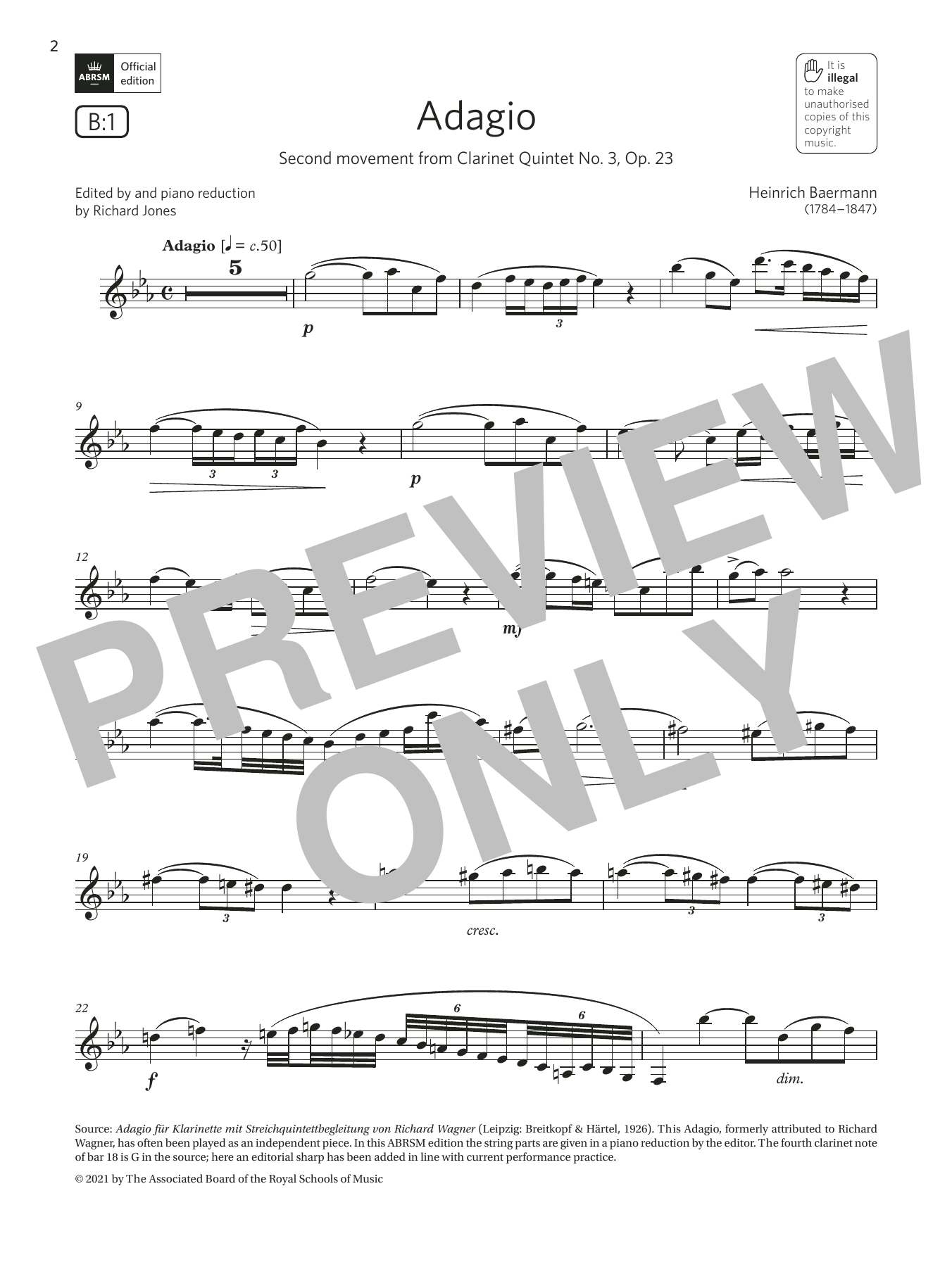 Download Heinrich Baermann Adagio (from Clarinet Quintet No. 3) (Grade 6 List B1 from the ABRSM Clarinet sy Sheet Music and learn how to play Clarinet Solo PDF digital score in minutes