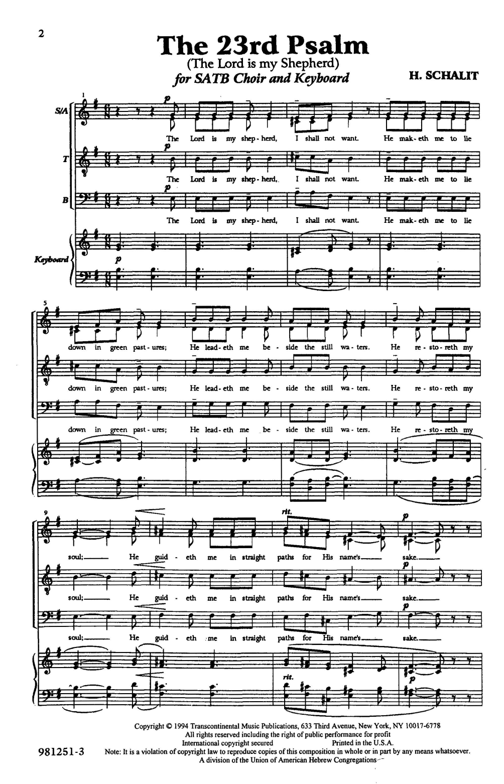 Download Heinrich Schalit The 23rd Psalm Sheet Music and learn how to play SATB Choir PDF digital score in minutes