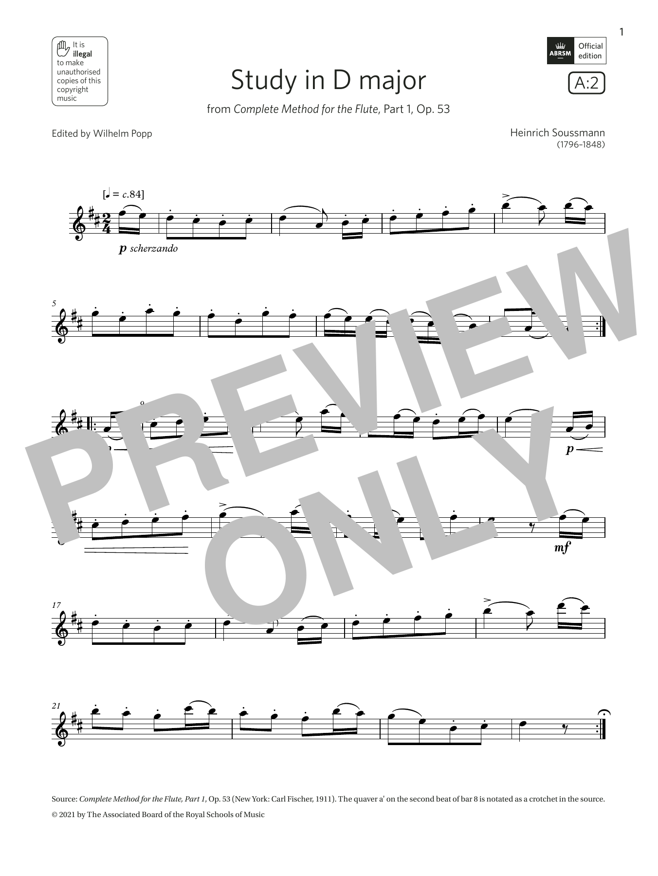 Download Heinrich Soussmann Study in D major (Grade 2 List A2 from the ABRSM Flute syllabus from 2022) Sheet Music and learn how to play Flute Solo PDF digital score in minutes
