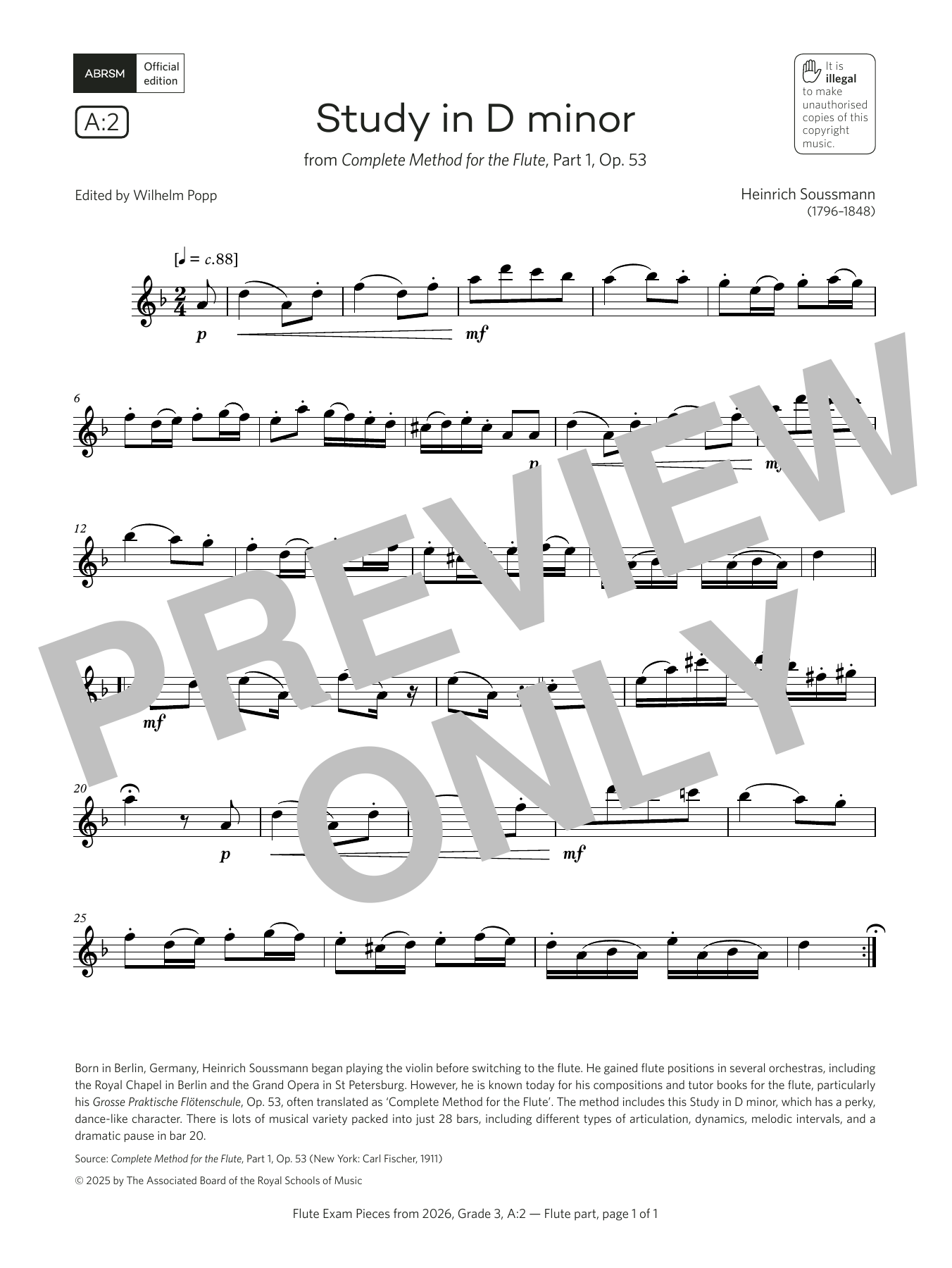 Download Heinrich Soussmann Study in D minor (Grade 3, list A2, from the ABRSM Flute Syllabus from 2026) Sheet Music and learn how to play Flute Solo PDF digital score in minutes