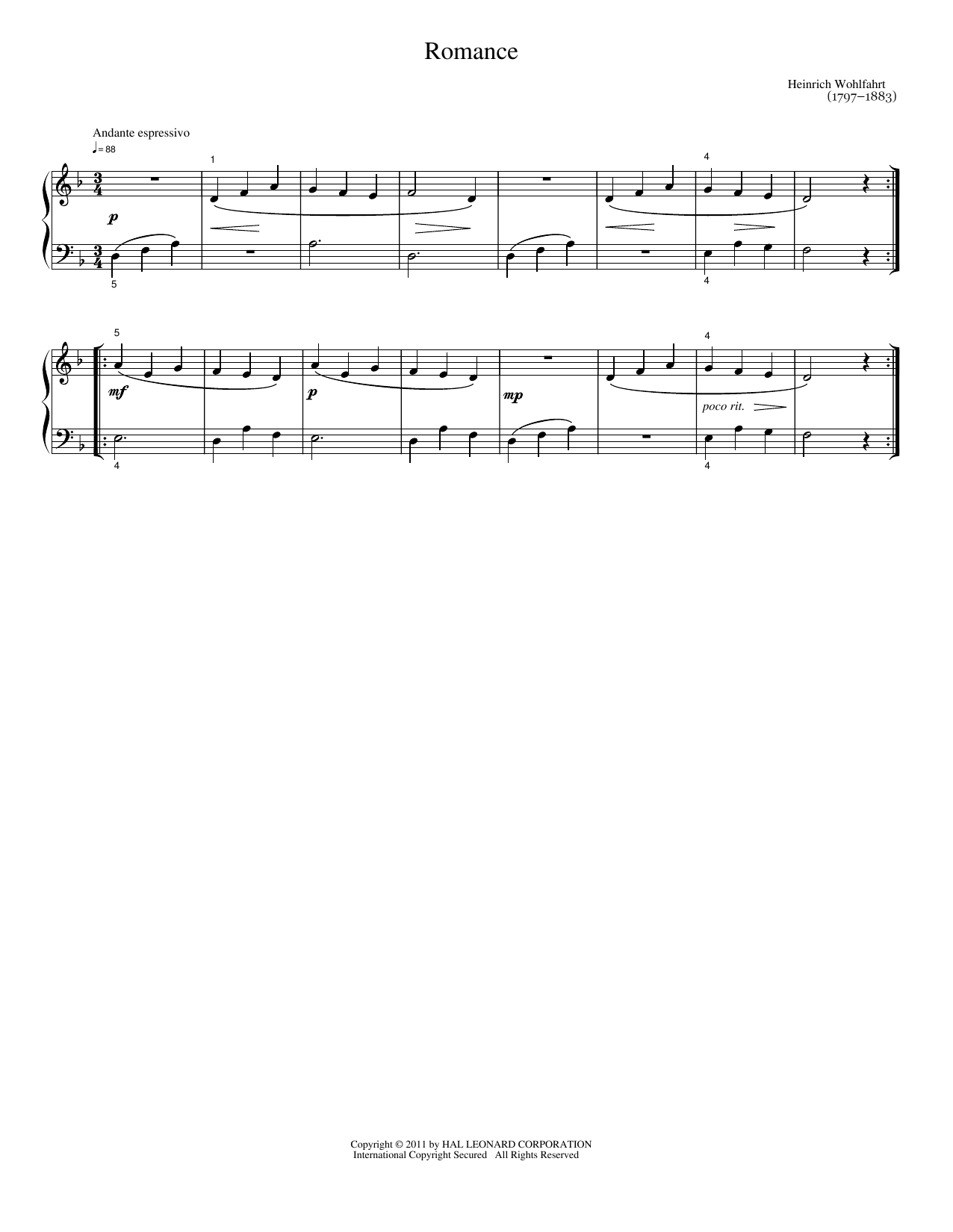 Download Heinrich Wohlfahrt Romance Sheet Music and learn how to play Easy Piano PDF digital score in minutes