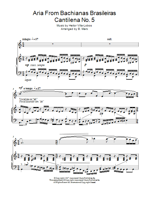 Download Heitor Villa-Lobos Aria From Bachianas Brasileiras Cantilena No. 5 Sheet Music and learn how to play Piano & Vocal PDF digital score in minutes