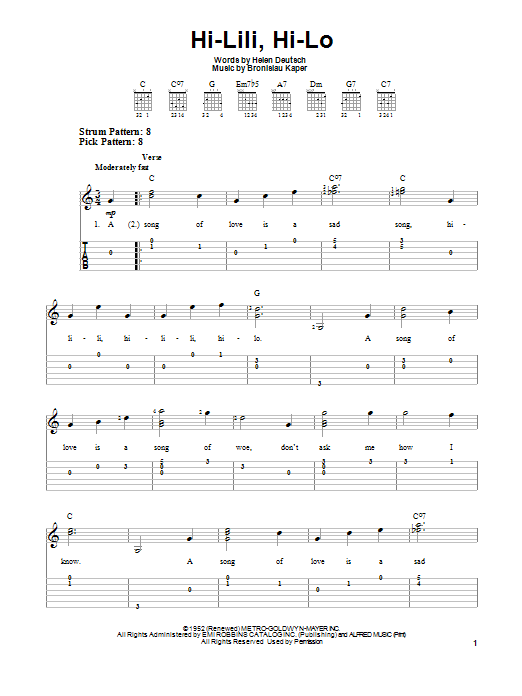 Download Helen Deutsch Hi-Lili, Hi-Lo Sheet Music and learn how to play Easy Guitar Tab PDF digital score in minutes